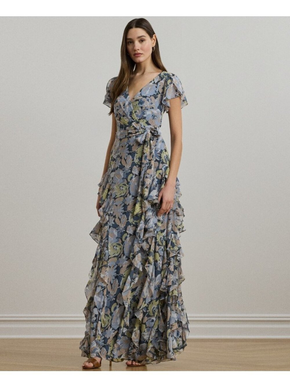 Lauren Ralph Lauren Women's Floral Ruffle-Trim Georgette Gown Blue Size 16 $325